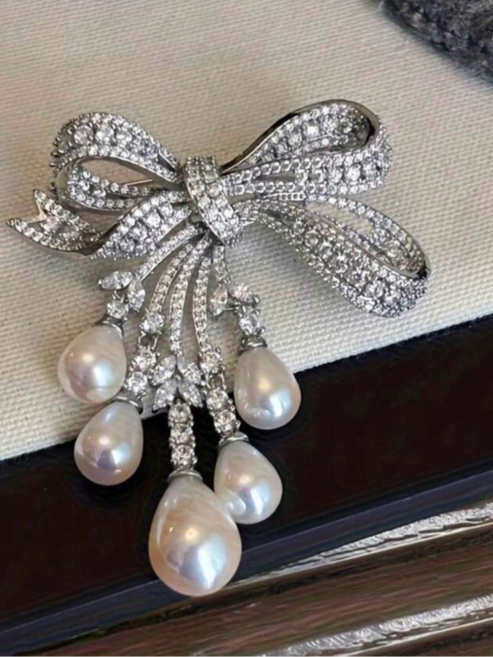 Silver Crystal Bow Pearl Drop Brooch - White Pearls